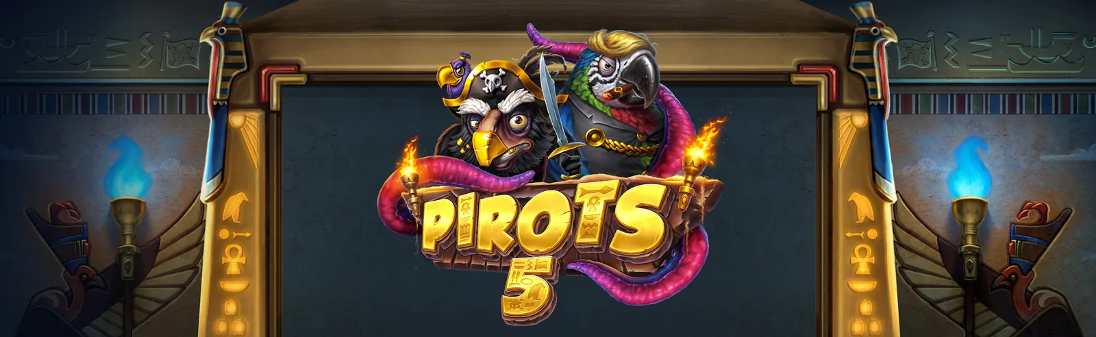 Banner de Pirots 5 – la entrada de un templo egipcio dorado con los loros aventureros