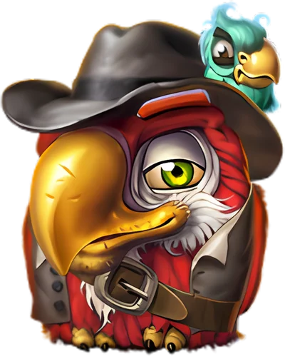Loro rojo de Pirots 5 – explorador con sombrero de aventurero