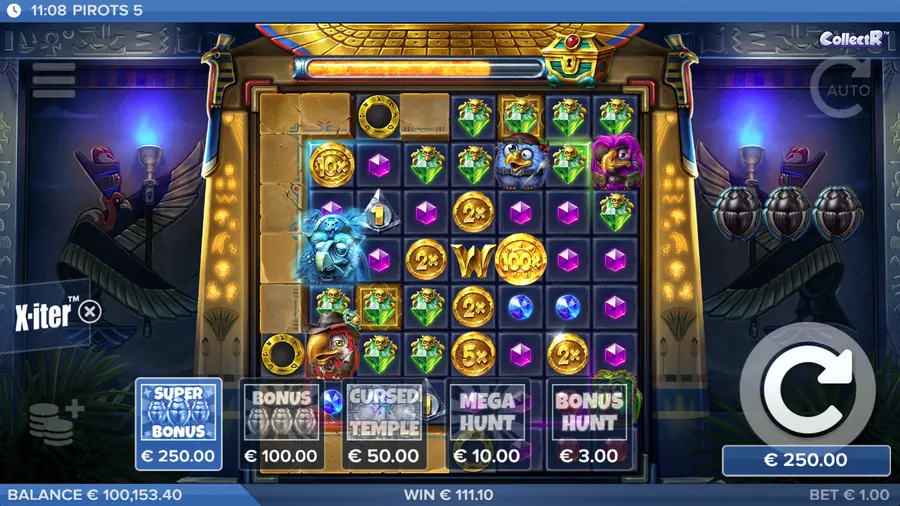 Juego base de Pirots 5 con pájaros y gemas en la cuadrícula